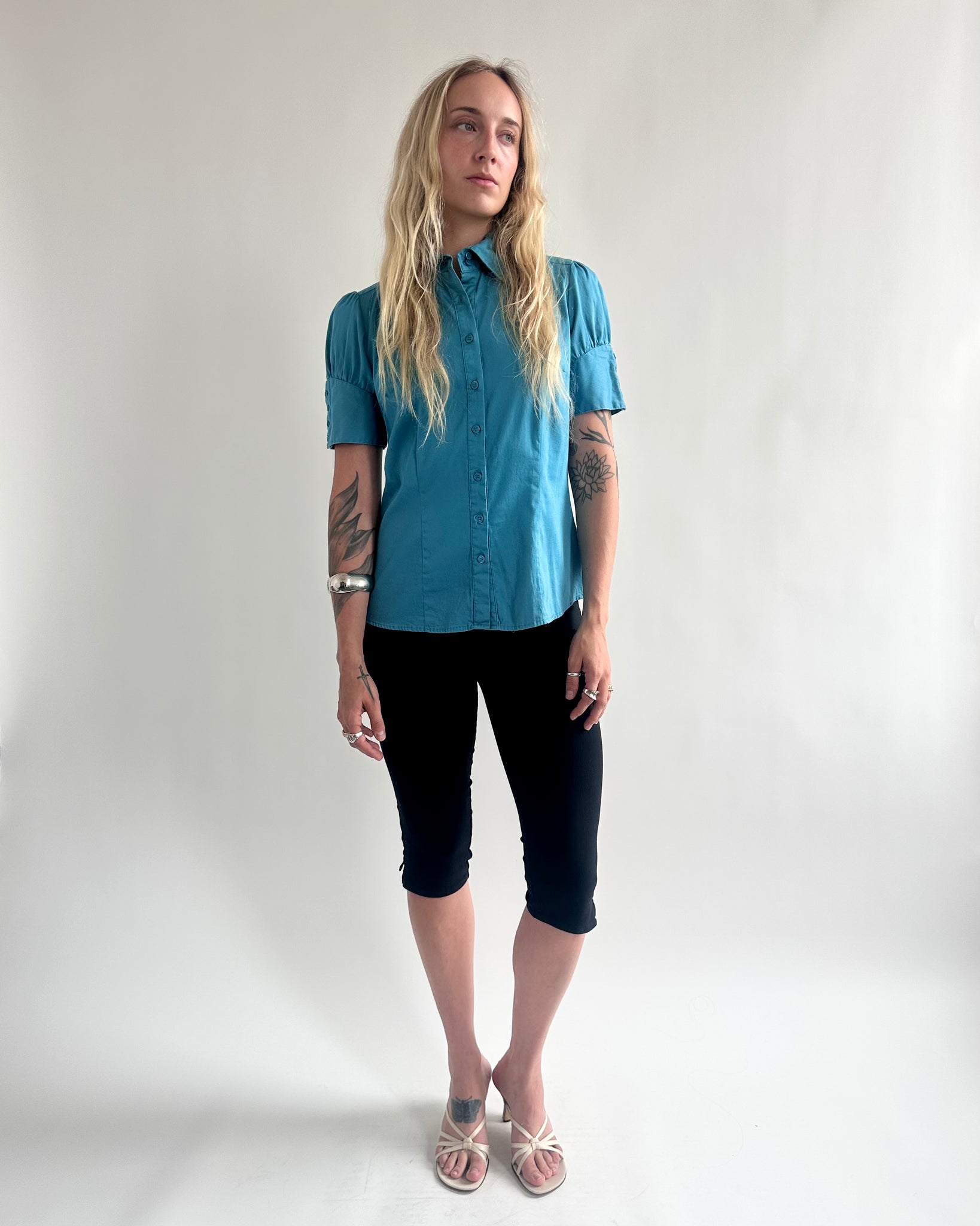 Blue Blouse with Button Sleeves