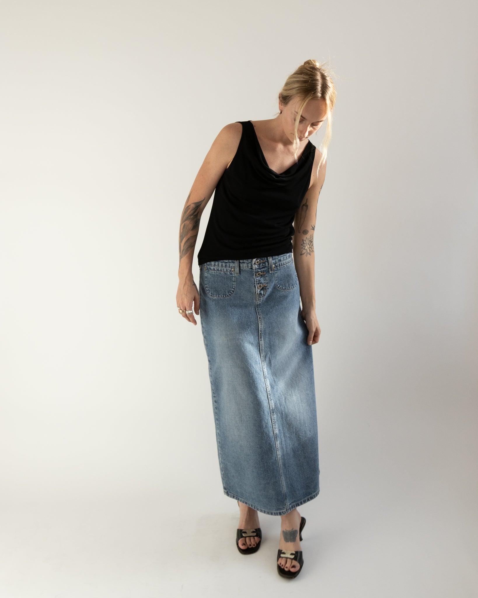 Denim Maxi Skirt with Slit